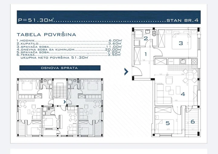 Osnova stana br. 4 od 51,30 m² sa tabelom površina