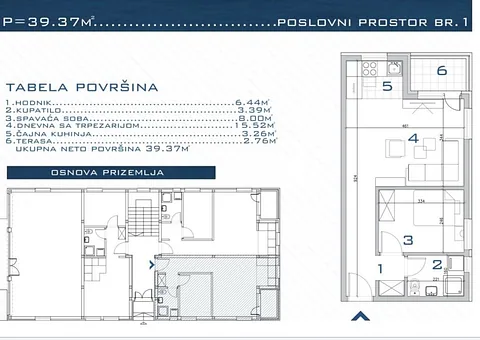 Tabela površina i osnova stana br. 1 u prizemlju