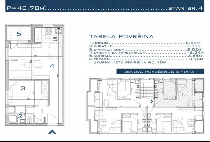Osnova stana br. 4 na povučenom spratu sa tabelom površina