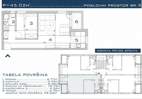 Osnova poslovnog prostora br. 5 na prvom spratu sa tabelom površina