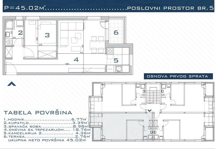 Osnova poslovnog prostora br. 5 na prvom spratu sa tabelom površina