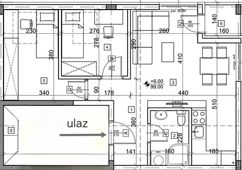 Osnova stana br. 4 sa kotama i označenim ulazom