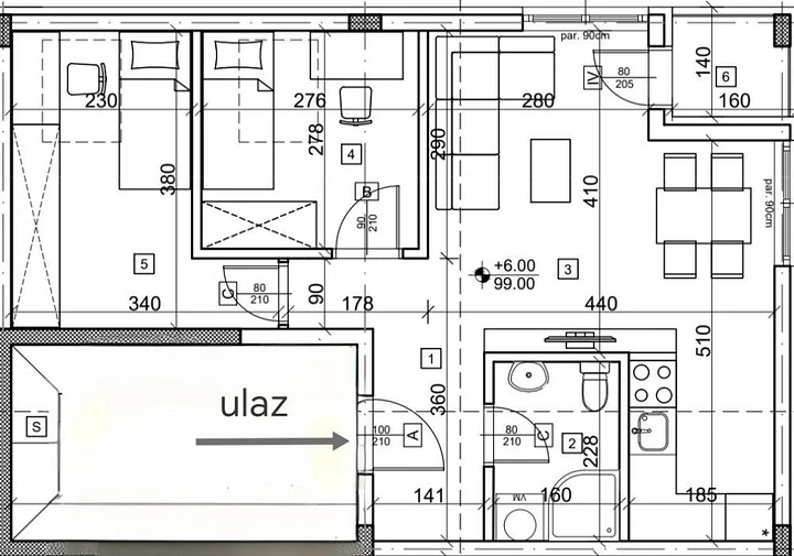 Osnova stana br. 4 sa kotama i označenim ulazom